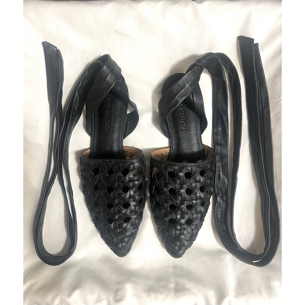 Tory Burch Black Woven Leather Strappy Lace-Up Ankle Tie Shoes sandals Womens 10
